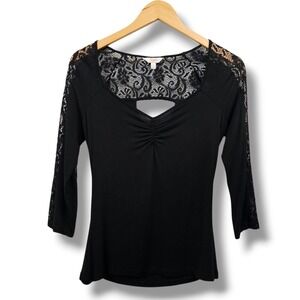 Y2K Candies Black Top M Lace Sweetheart Keyhole Back 3/4 Sleeve Whimsigoth Sexy